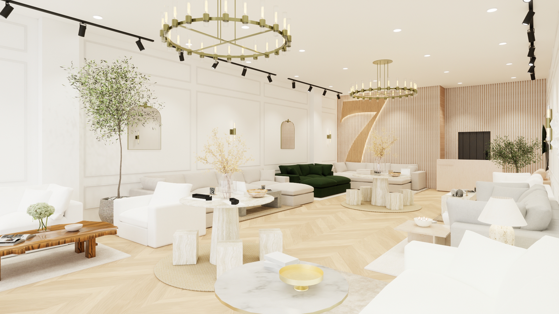Interior view of the 7th Avenue Tysons showroom with modular seating displays, brass chandeliers and a wood-slat feature wall.