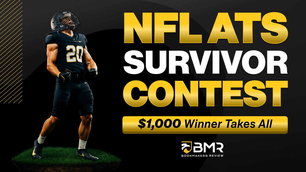 NFL ATS Survivor Contest graphic featuring a football player and $1,000 Winner Takes All promotion by Bookmakers Review.