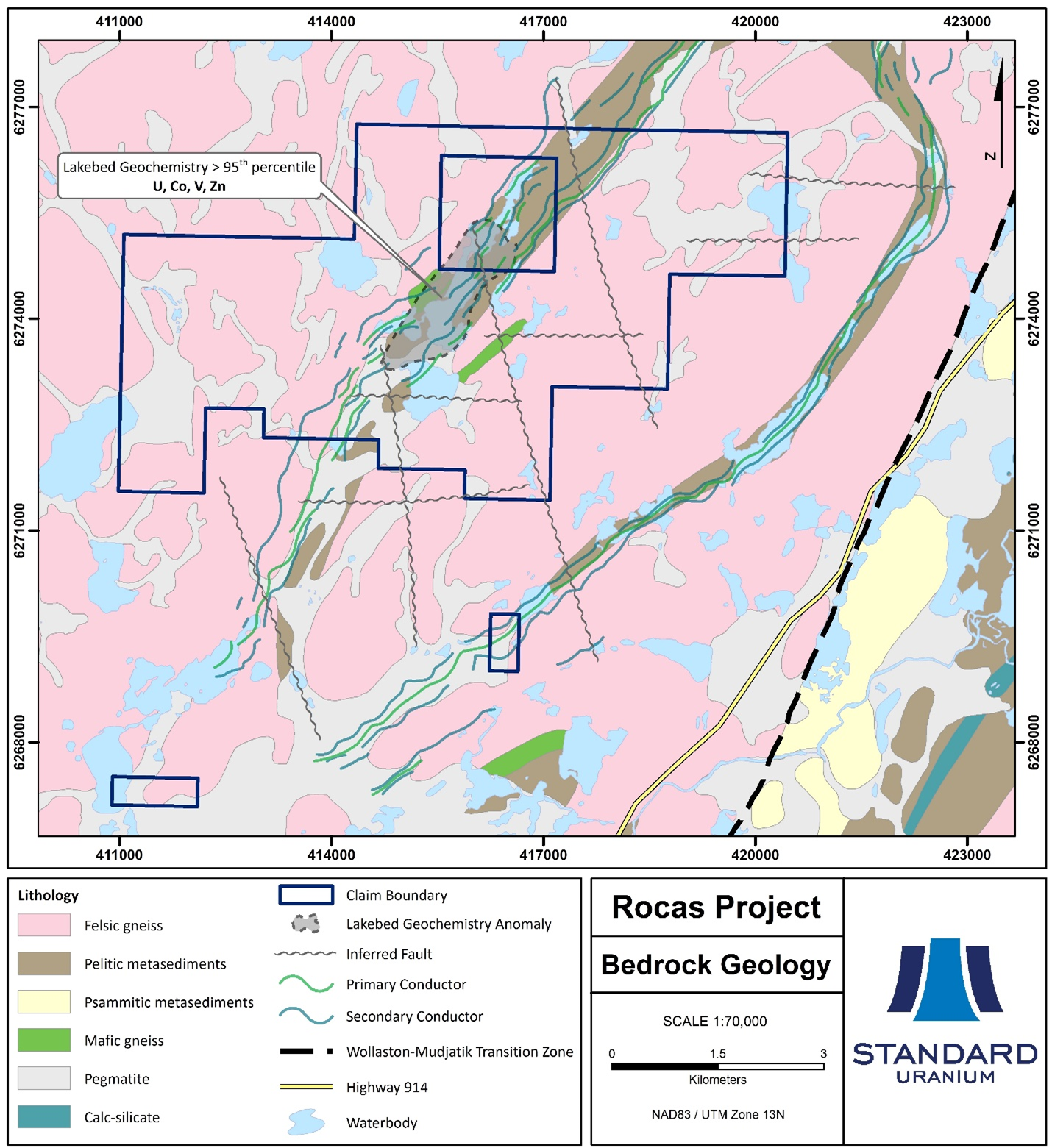 Plan map showing regional bedrock geology of the Rocas project area and EM conductors coincident with anomalous lakebed geochemical samples.