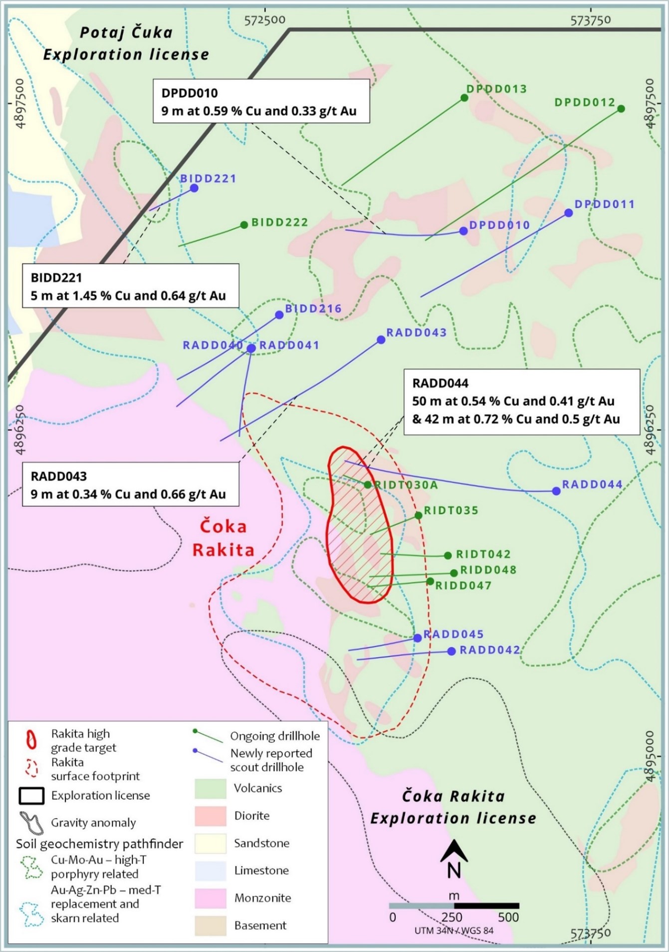 Overview map of Čoka Rakita exploration licence outlining the progress of the scout drilling campaign, including ongoing holes.