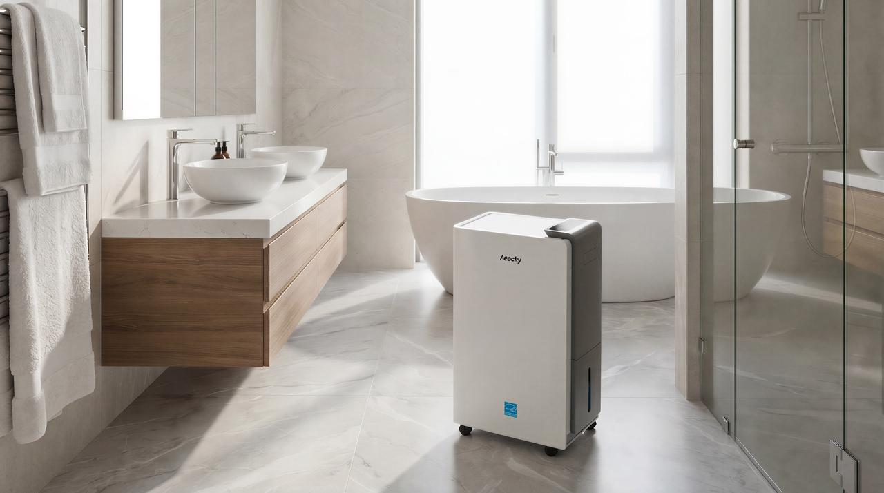 Rhea-001 ENERGY STAR Most Efficient dehumidifier placed in a modern bathroom to help control moisture and humidity.