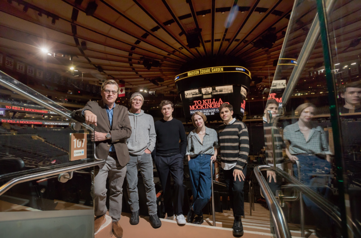 Aaron Sorkin, Ed Harris, Nick Robinson, Nina Grollman and Taylor Trensch inside Madison Square Garden. 