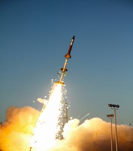 A Kratos Terrier Terrier Oriole sounding rocket lifts off on March 3, 2021 from the Wallops Flight Facility in Virginia