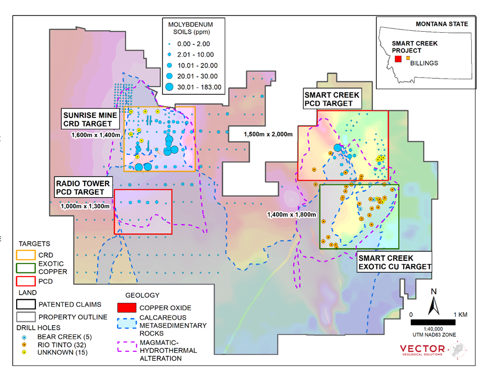 Smart Creek and Sunrise project showing targets, favorable host rocks and molybdenum soil anomalies.