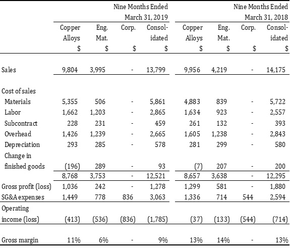 Table 2: Segment and Consolidated Operations Results: YTD 2019