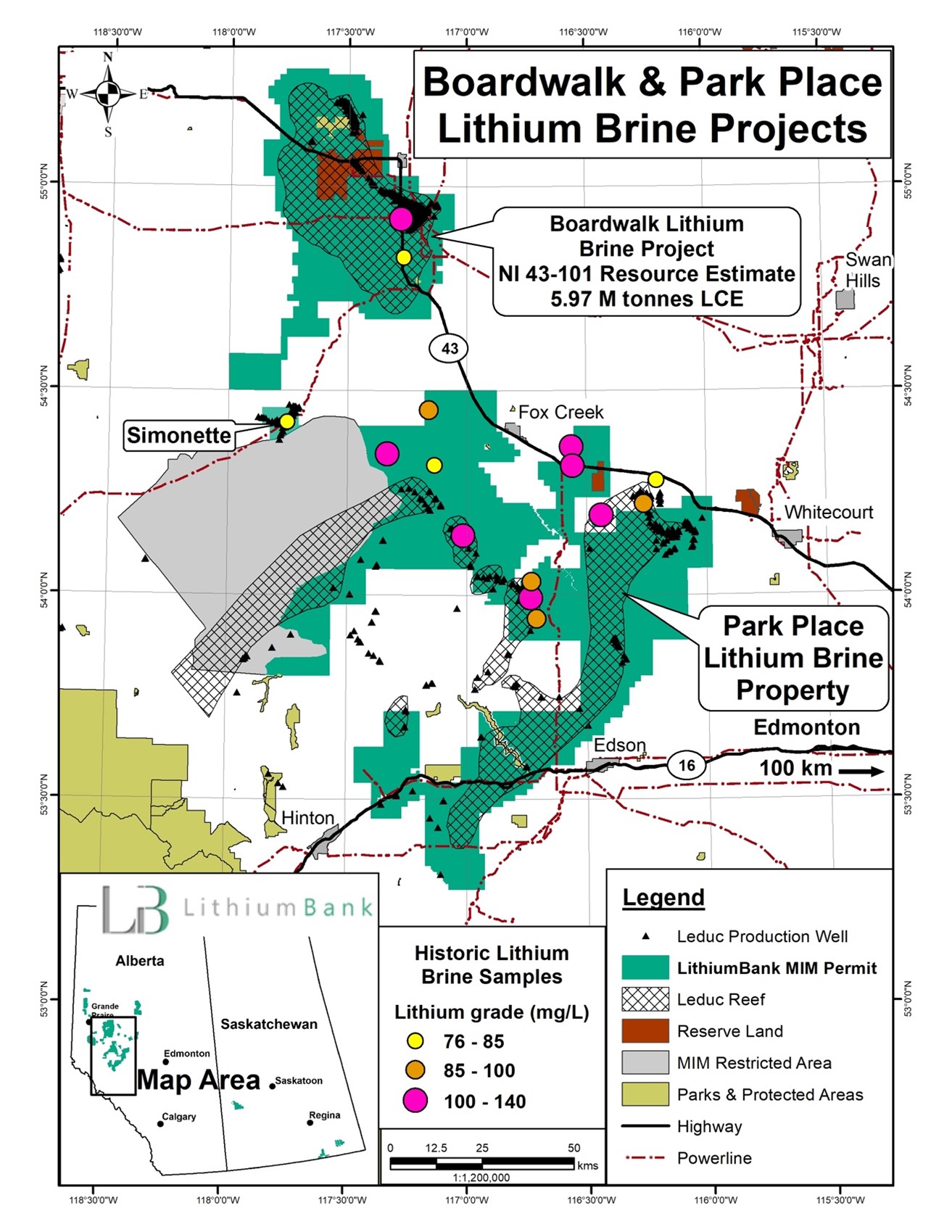 Location of historic lithium brine samples from LithiumBank's Park Place Lithium Brine Project
