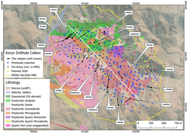 Plan view indicating recent drill hole locations. Results indicated in black are shown on the long section below