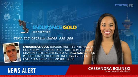 Endurance Gold reports multiple intervals of gold from the latest drill hole from its 2023 diamond drilling program at its Reliance Gold Property in southern British Columbia, including 35.2 gpt gold over 1.3 metres from the Imperial Zone.: Endurance Gold reports multiple intervals of gold from the latest drill hole from its 2023 diamond drilling program at its Reliance Gold Property in southern British Columbia, including 35.2 gpt gold over 1.3 metres from the Imperial Zone.