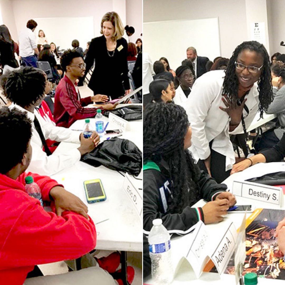 (L) Associate Dean for Diversity, Inclusion, and Public Impact Elena Marty-Nelson works with students
(R) Nikette A. Neal, M.D., FAAP speaking with high school students 