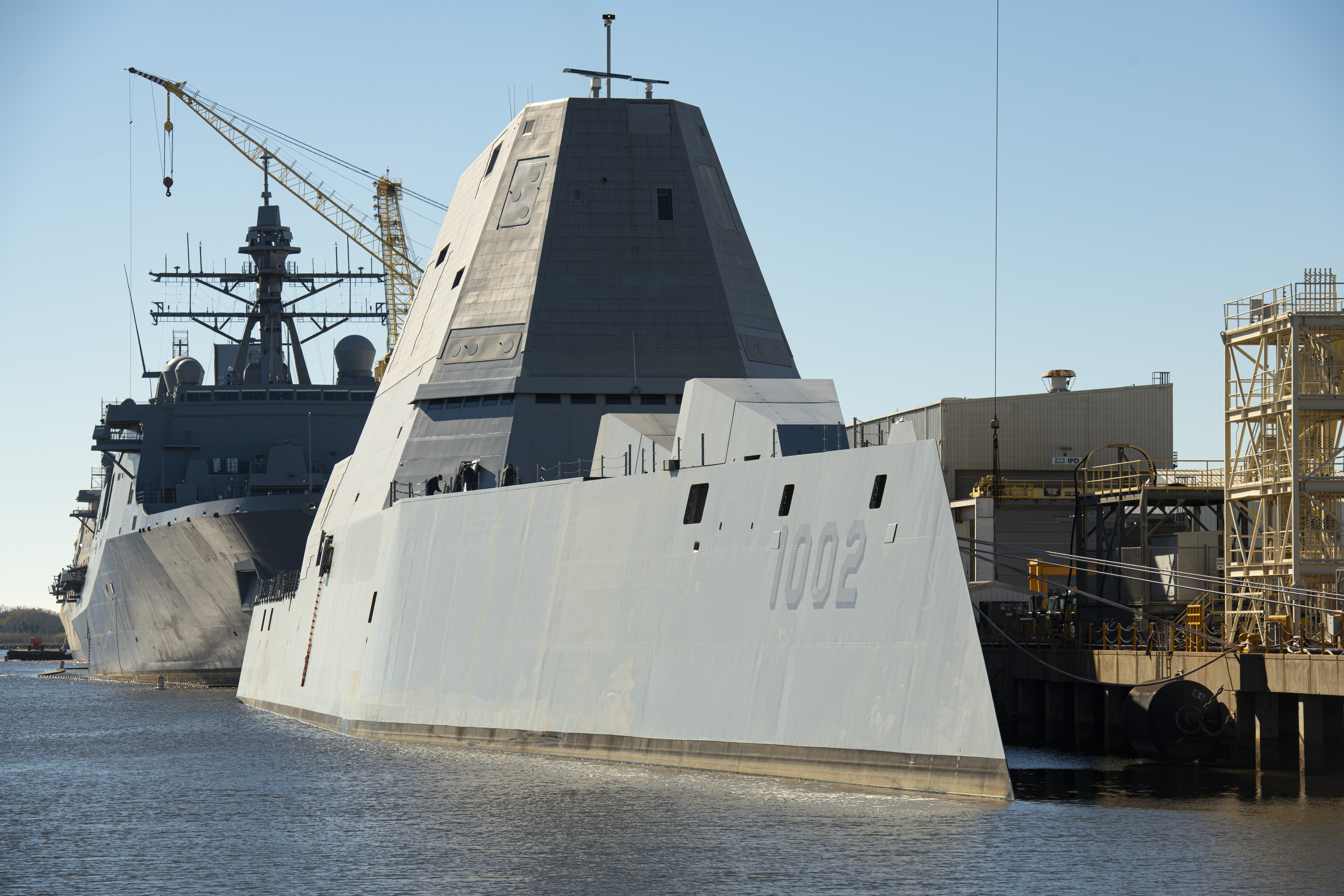 Zumwalt-class destroyer, Lyndon B. Johnson (DDG 1002) is seen docked at HII's Ingalls Shipbuilding where work will begin on the Combat Systems Availability.
