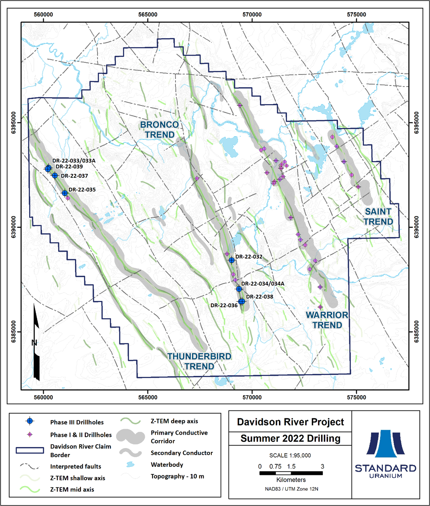 Plan map showing summer 2022 drill holes at Davidson River, and kilometres of untested conductor strike length.