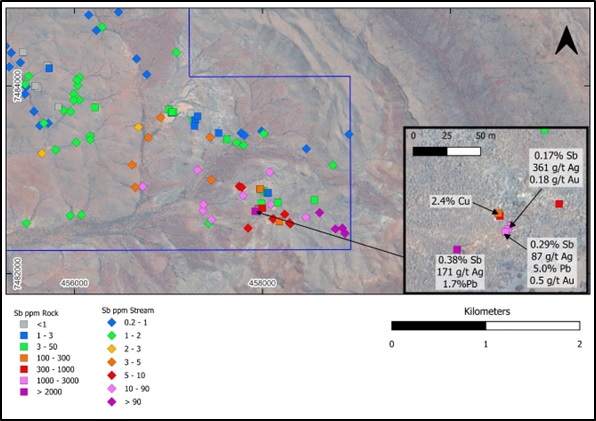 Figure 6: The SE antimony anomaly highlighting the stream sediment anomaly over 2 km strike and peak rock chip results, highlighting strong base-metal silver and gold mineralisation.