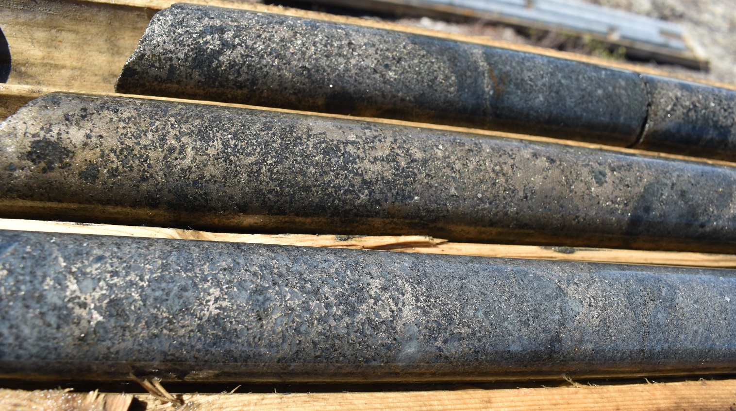 Semi-massive sulphides observed in the extension of hole VKS25-024. Drill core is BTW size with a diameter of 4.2cm (1.65”)