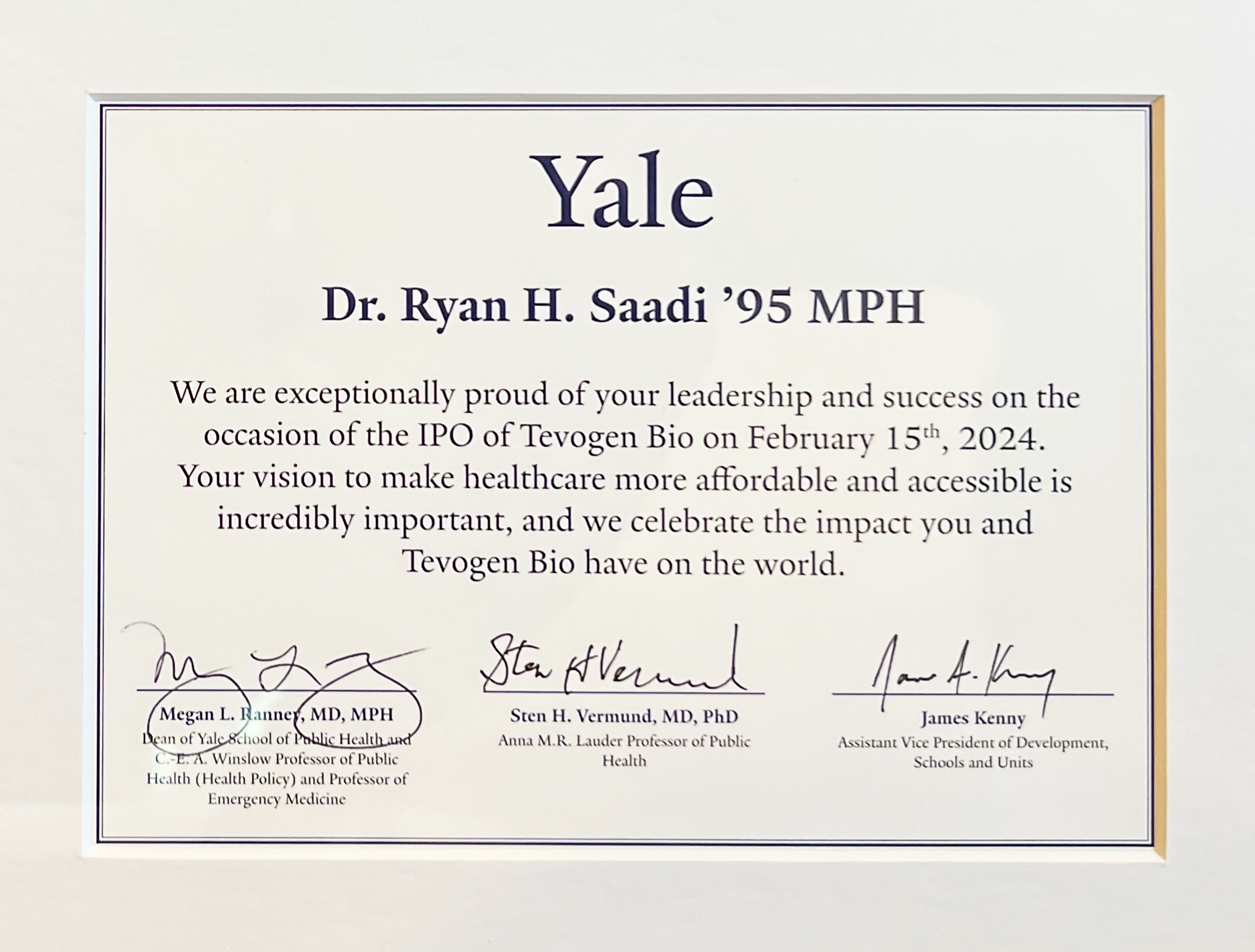 Yale Saadi IPO Recognition 