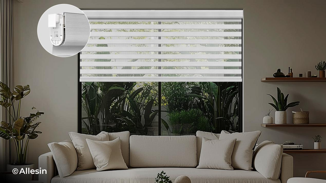 Allessin Prestige Motorized Shades with no-drill design, installed in a living room