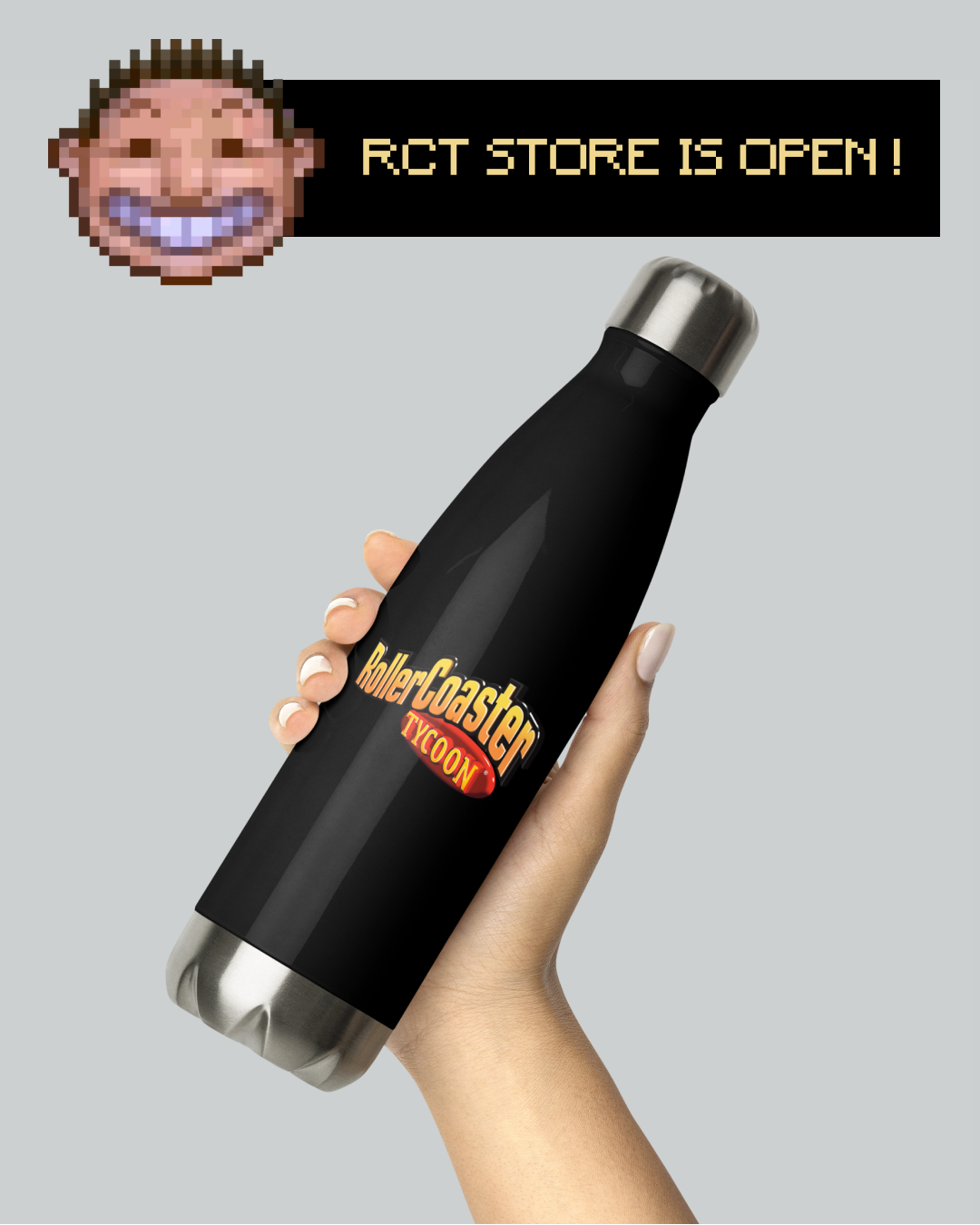 RollerCoaster Tycoon 25th Anniversary Water Bottle in black with logo.