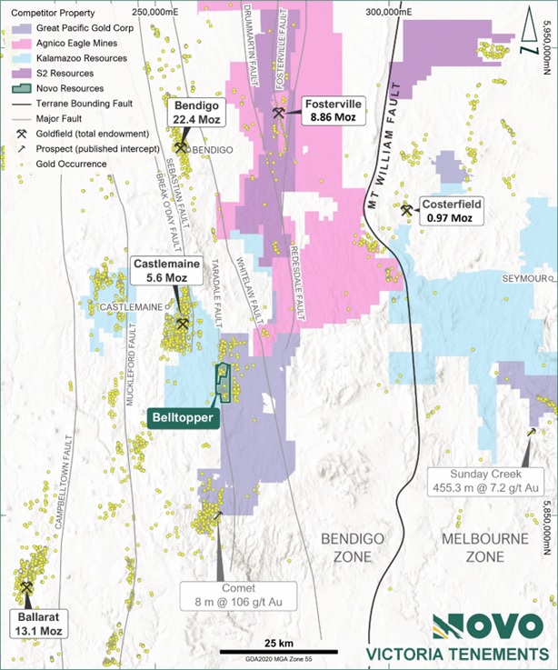 Figure 1. Belltopper Gold Project location map with regional gold occurrences and major structures.