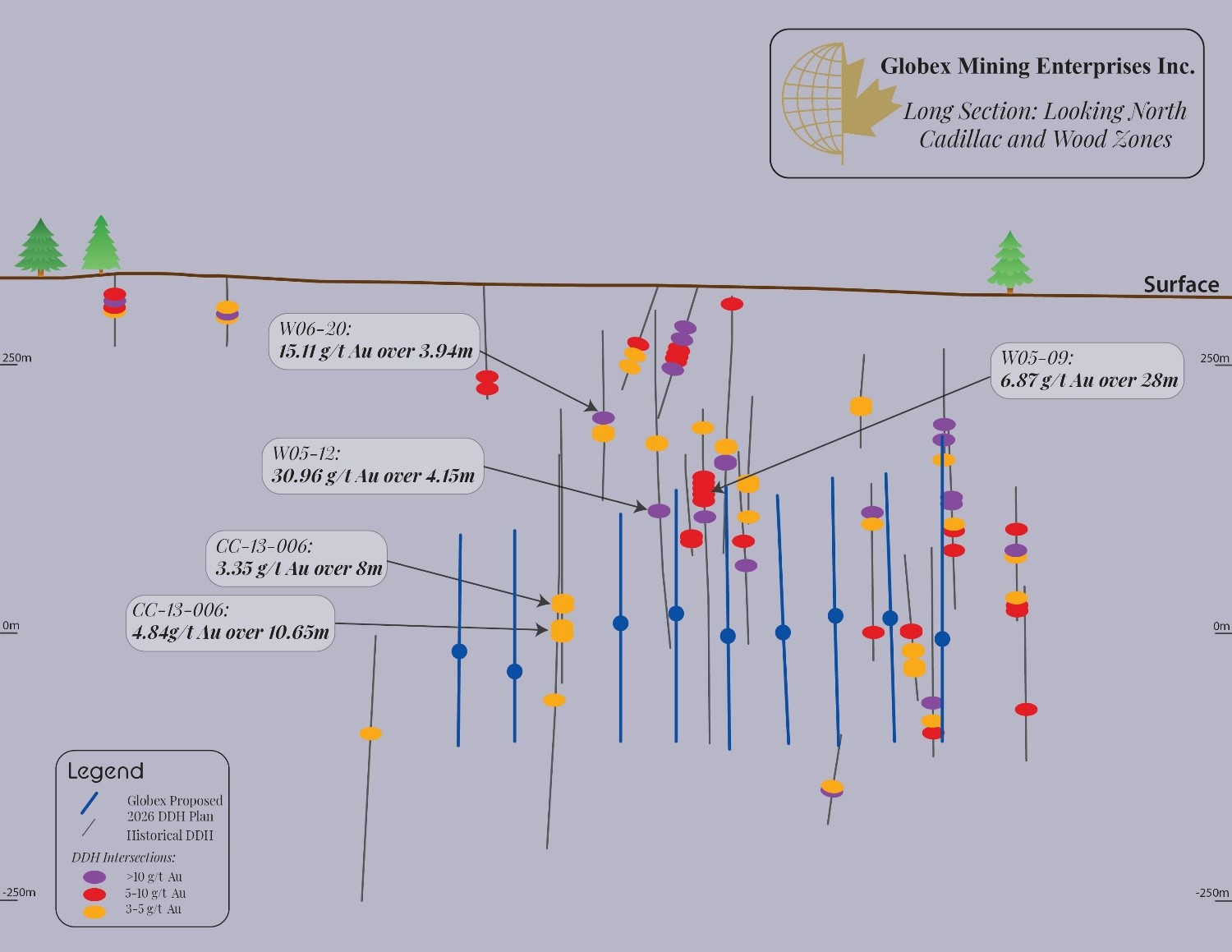 Longitudinal Section showing the Historic and Planned Drilling at Wood/Cadillac