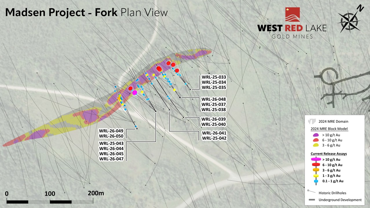 FIGURE 5. Deposit-scale plan map of Fork deposit area showing traces and intercepts for holes highlighted in this News Release. image
