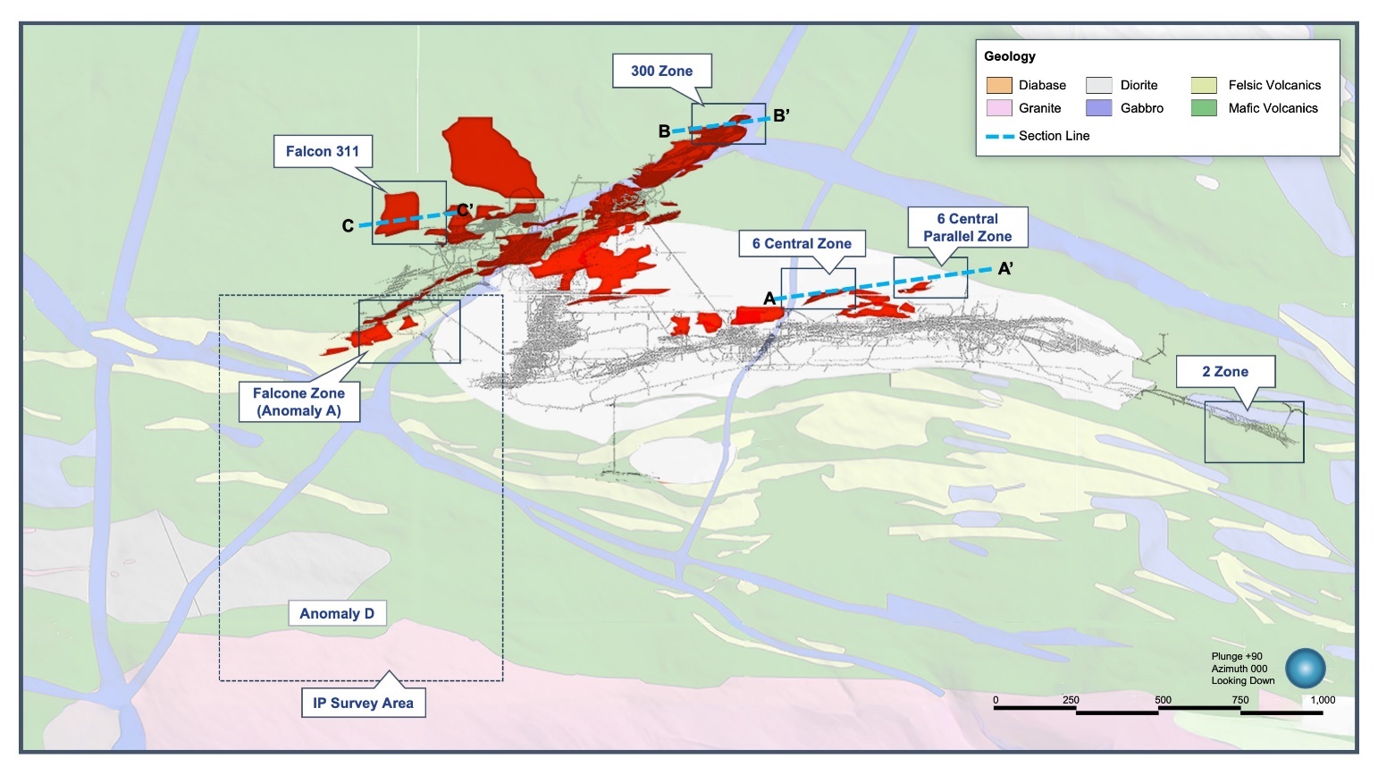 (Plan view is tilted to the south, showing development and mineralization that is within the diorite, to be outside.)