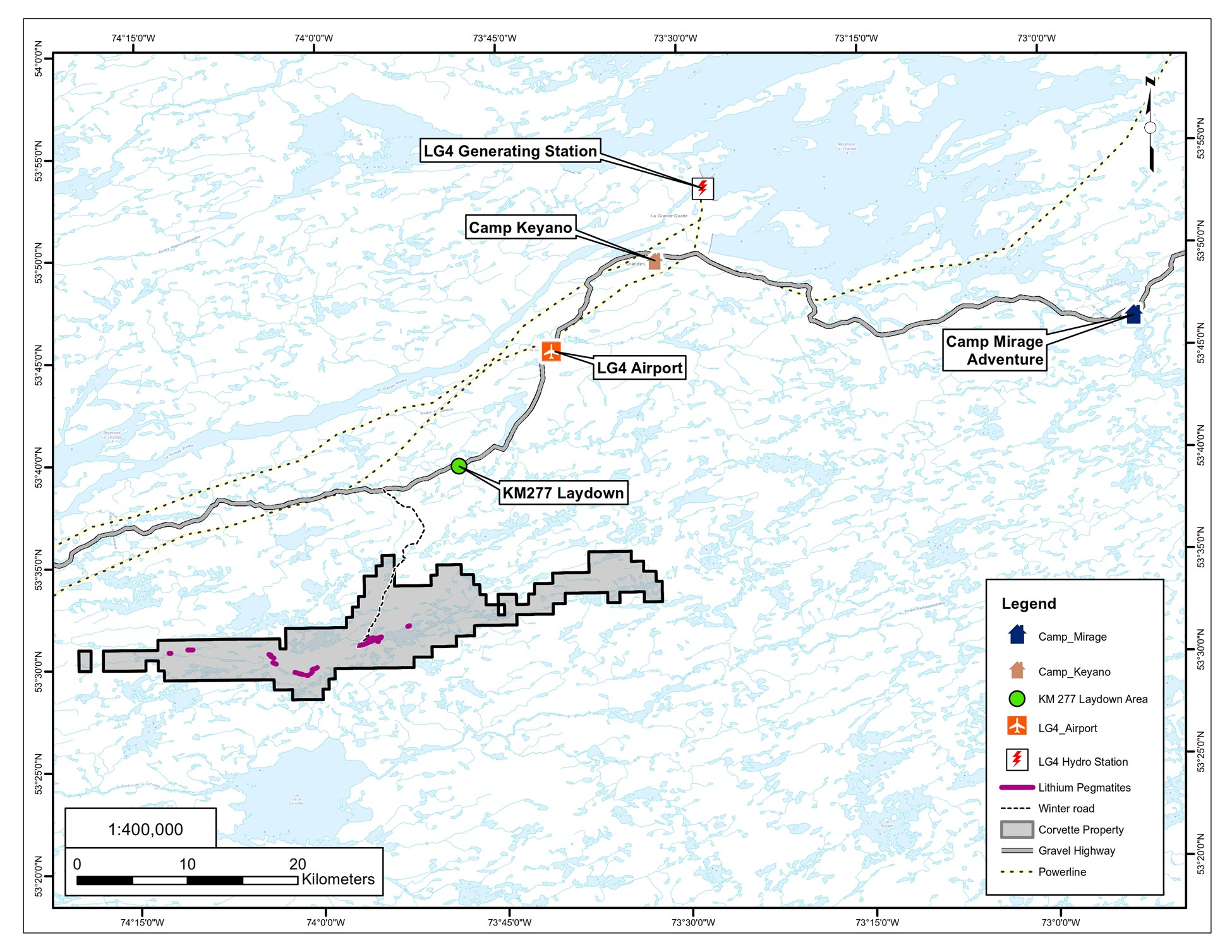 Proximal infrastructure at the Corvette Property, including the recently constructed winter road extending from the all-season Trans-Taiga Road to the drill area at CV5