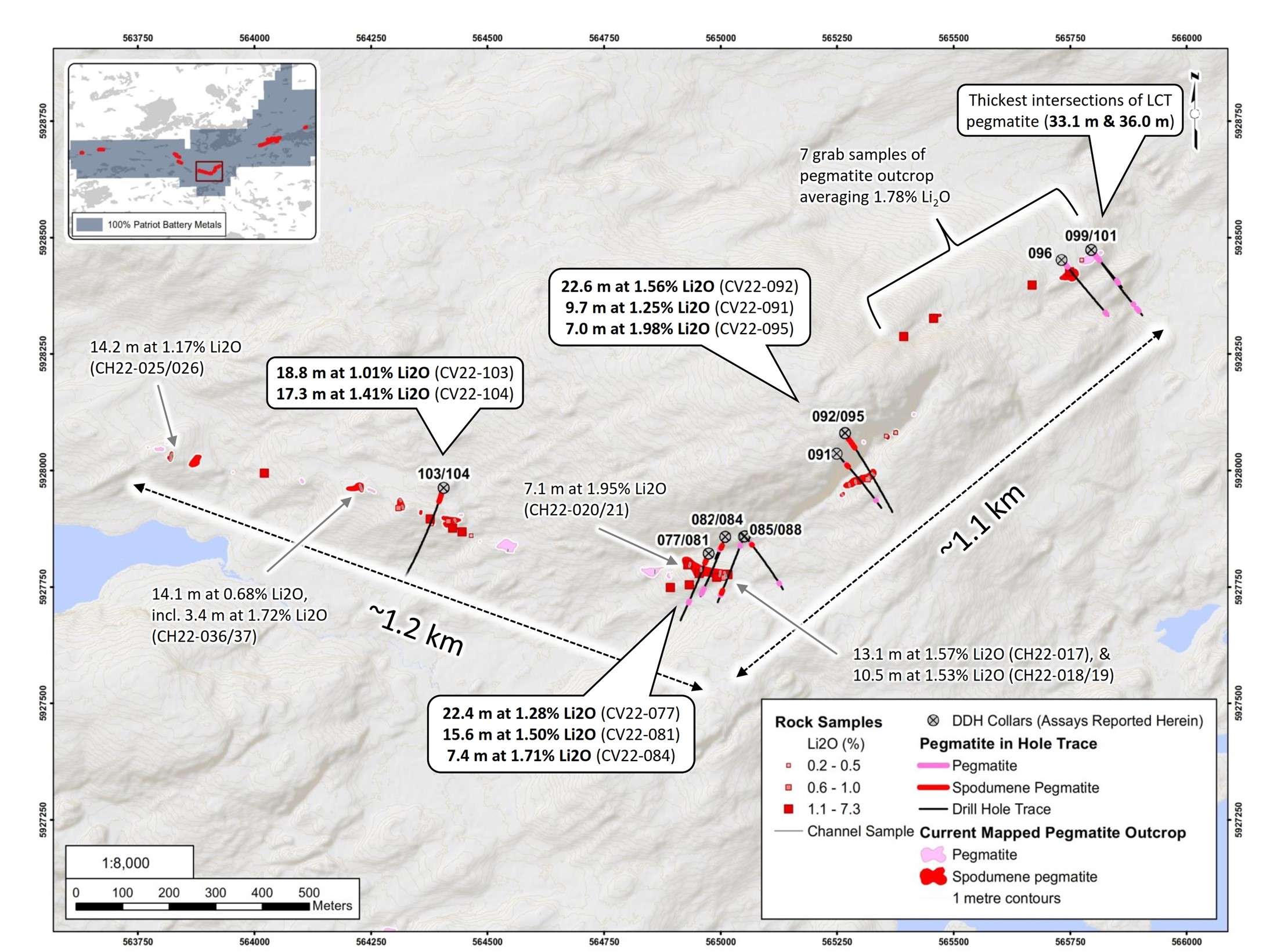 Results from the inaugural drill testing at the CV13 Pegmatite cluster, completed in 2022.