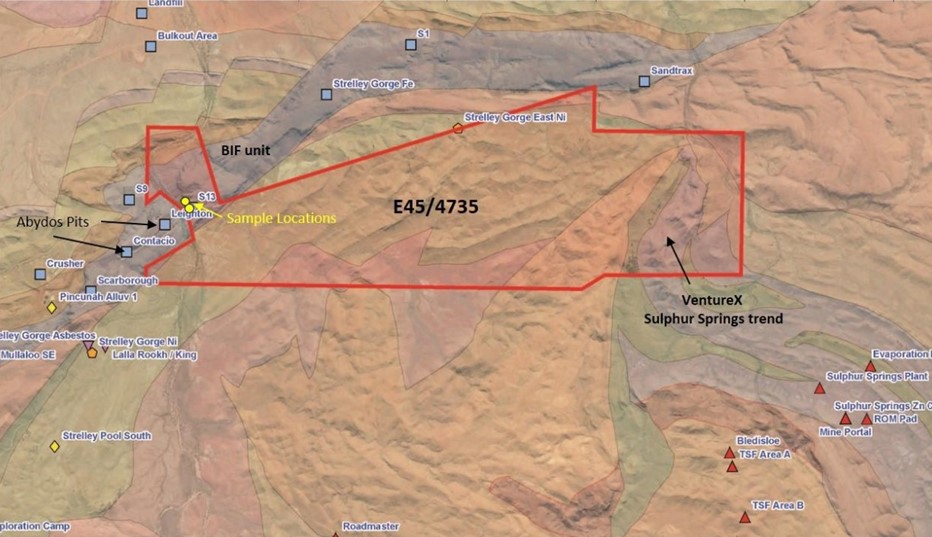 Figure 2. Strelley Gorge tenure proximity in relation to Atlas Iron mine site, showing outcropping BIF found continuing along strike from the previously mined Atlas Abydos project and approximate location of iron rock chip samples