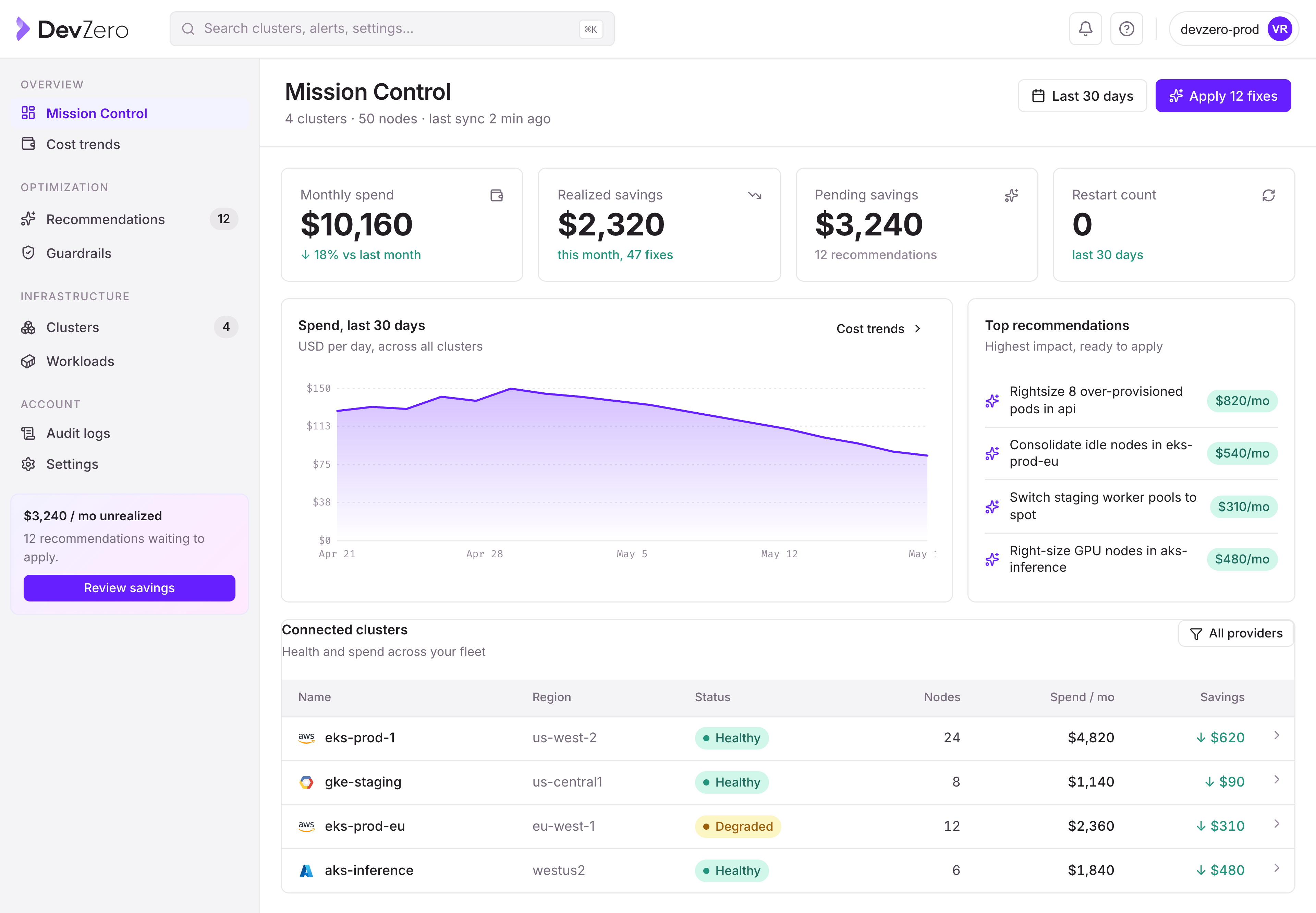 DevZero Mission Control Product Screenshot