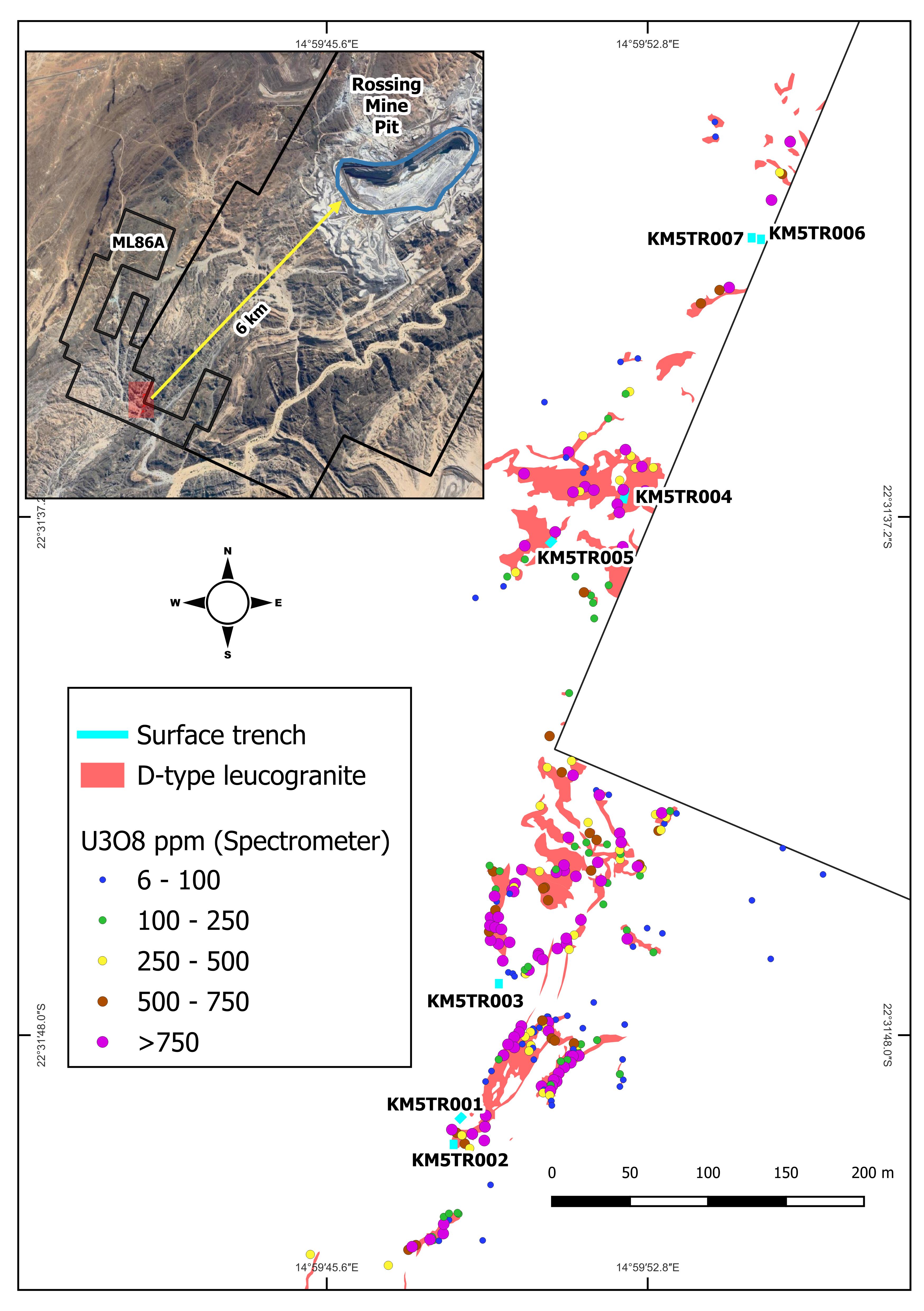 Figure 1: Location of Anomaly 5 and mapped D-type leucogranites at the Khan Project