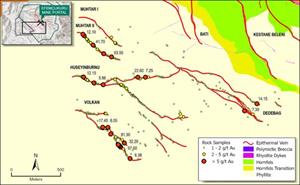 Geology map showing the Efemcukuru West Vein system and gold assay results (grams/tonne) from surface outcrop and trench samples.