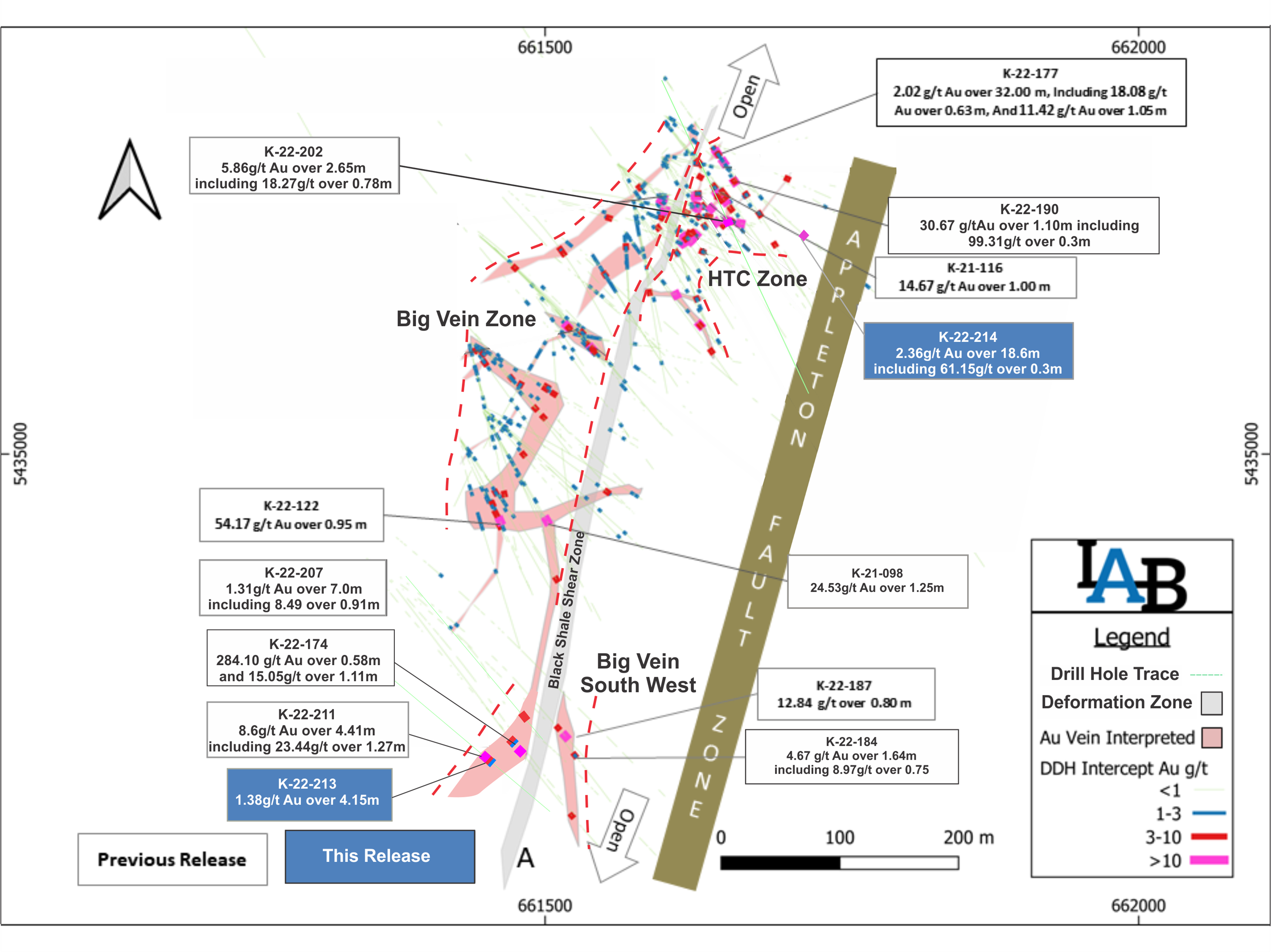 Plan map of Big Vein showing significant intersections.