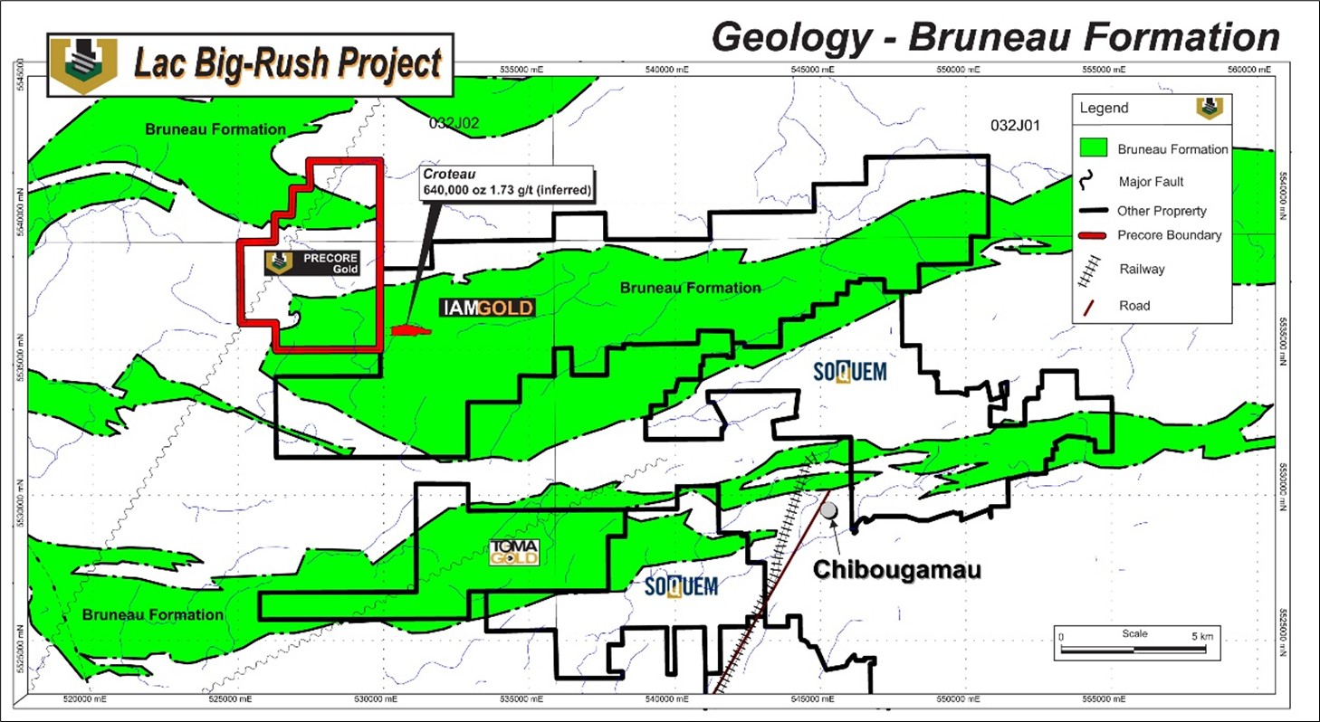 Map of Lac Big-Rush location within the geological Bruneau Formation, host to known regional deposits.