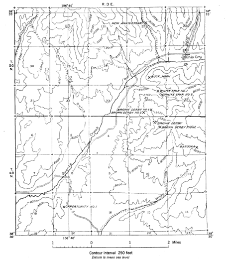 Location of the major lithium-rich mines and occurrences in the Quartz Creek pegmatite district. : From Hanley et al 1950.