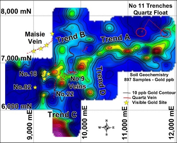 Figure 1: Menneval Gold Occurrences And 3000 Metre Gold Anomaly