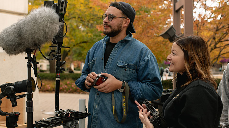 Emily Richwine, senior director of creative services for the university's internal marketing agency, Purdue Brand Studio, oversees production of a new, 10-minute short film, “Boilers to Mars.” (Purdue University/Greta Bell) Download image