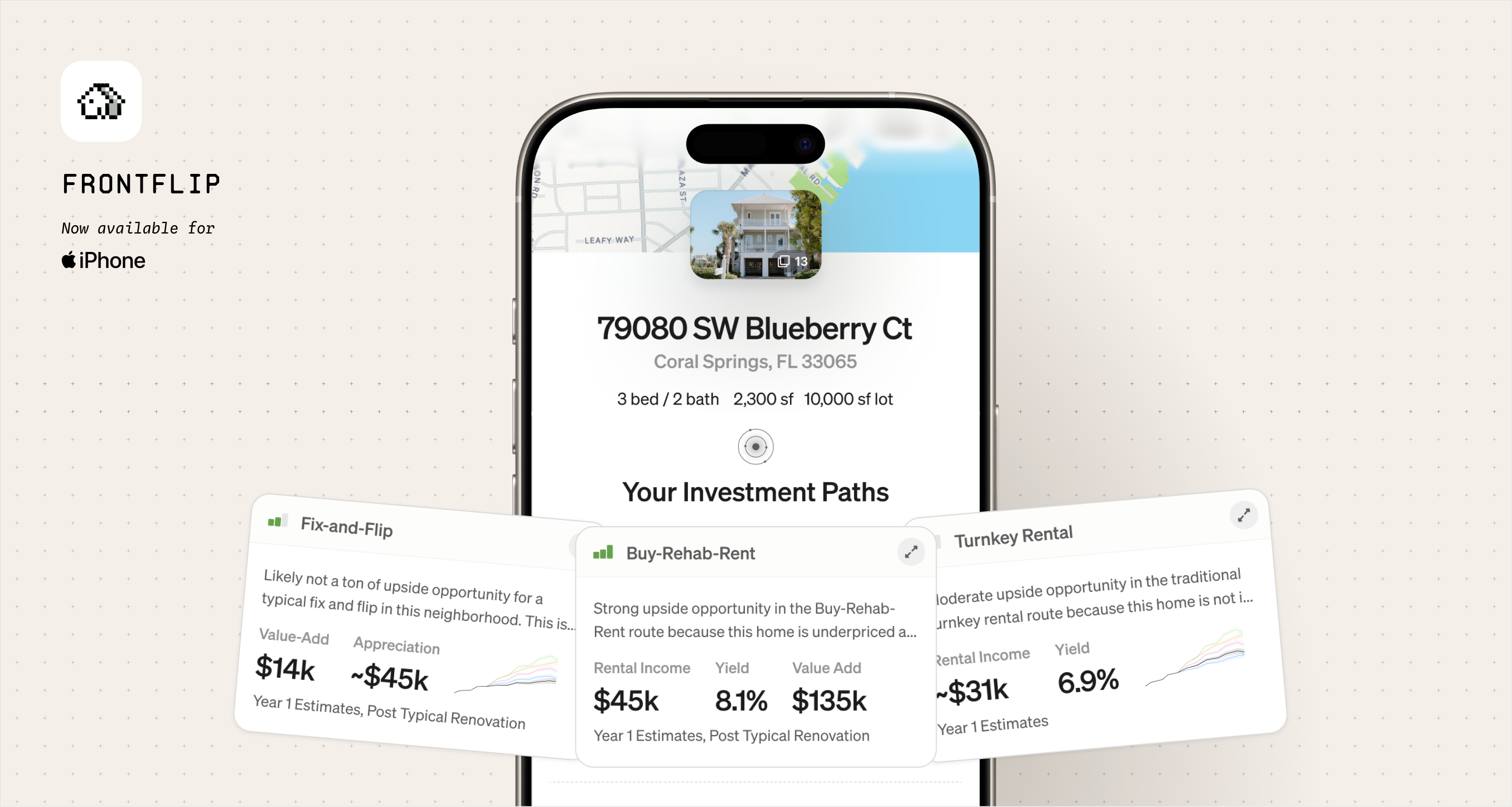 Frontflip Real Estate Investment Report, available on iPhone