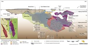 Figure 1: Composites long section from Agnico Eagle's April 29, 2021 press release showing exploration highlights on the East Gouldie deposit.