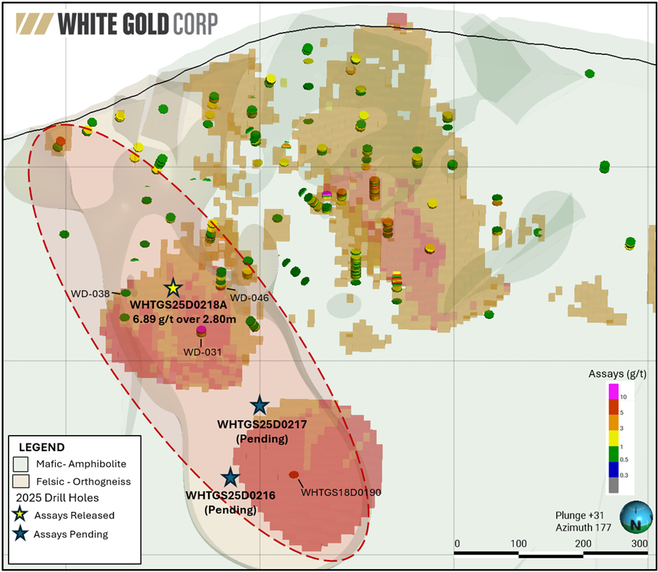 Figure 8 - 25-meter thickness long section through the high-grade footwall breccia showing 2025 drill hole pierce points. Background block model filtered to > 1.0 g/t Au. 