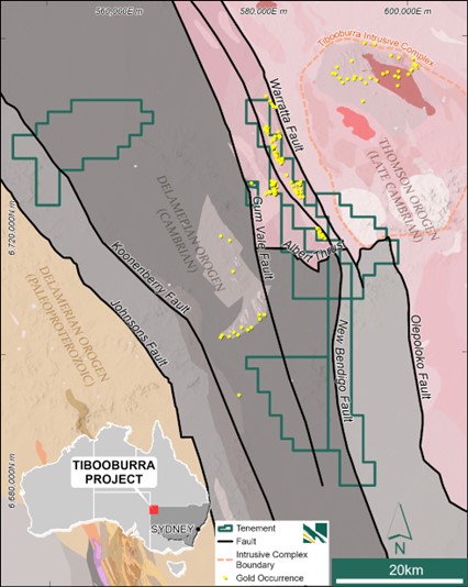 Geology of the Tibooburra project tenements highlighting the Albert Goldfields at the boundary of the Thomson and Delamarian orogens wrapping around the west side of a cluster of large granite intrusions to the east.