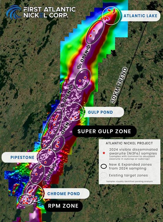 Atlantic Nickel target zones showing 2024 sampling with visible awaruite (nickel-alloy) locations over the 30 km nickel ultramafic magnetic trend (background TMI magnetics).