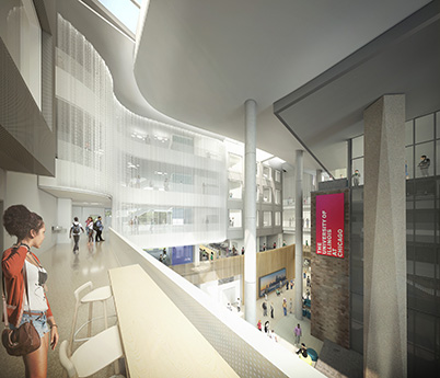 Interior view of the new Computer Design, Research, and Learning Center at UIC. Together with the existing lab building, the new CDRLC creates a dramatic public atrium for social interactions with visual and physical connections to all floors. Rendering: © LMN Architects.