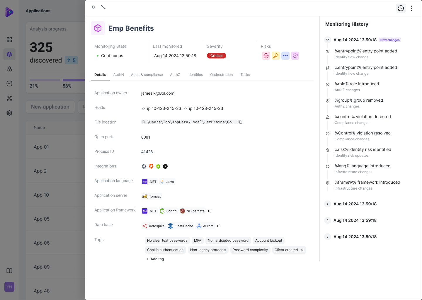 Orchid Security's drill down of application activity