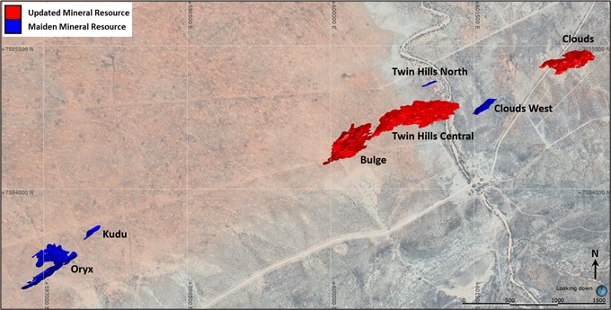 Plan view of the Twin Hills mineral resource area and mineralization domains