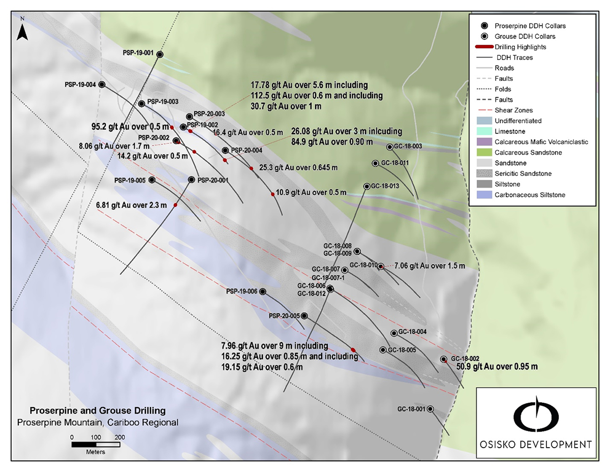 Figure 3: Proserpine plan map of drill hole locations and select assay highlights