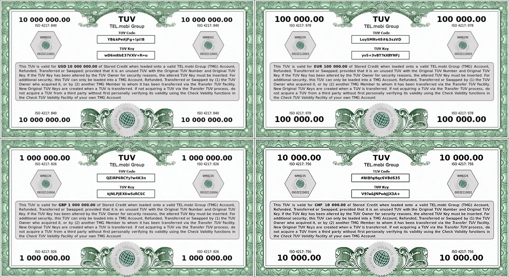 TUVs -USD, EUR, GBP and CHF