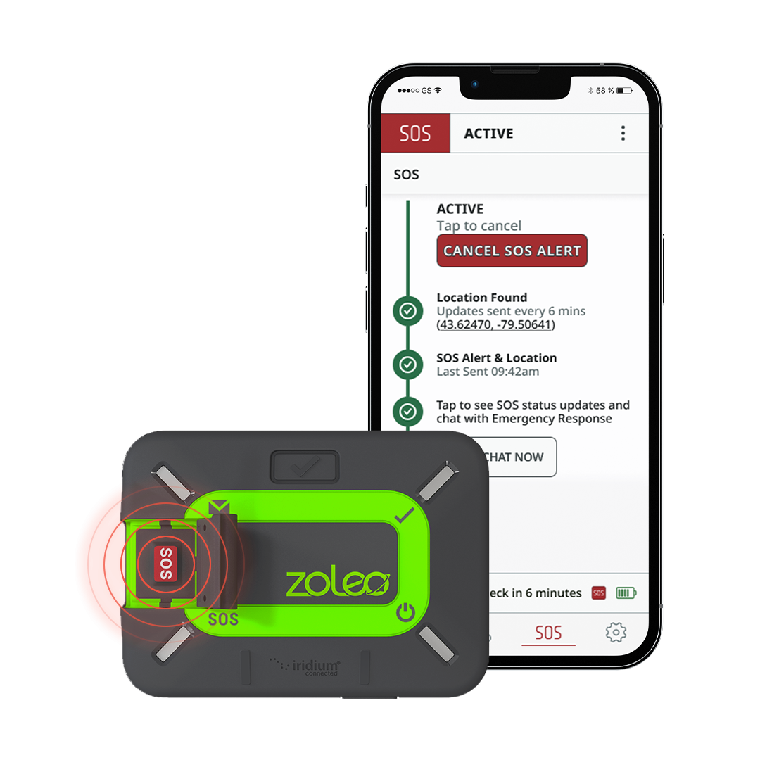 ZOLEO device with app screens show what happens during an emergency SOS alert.