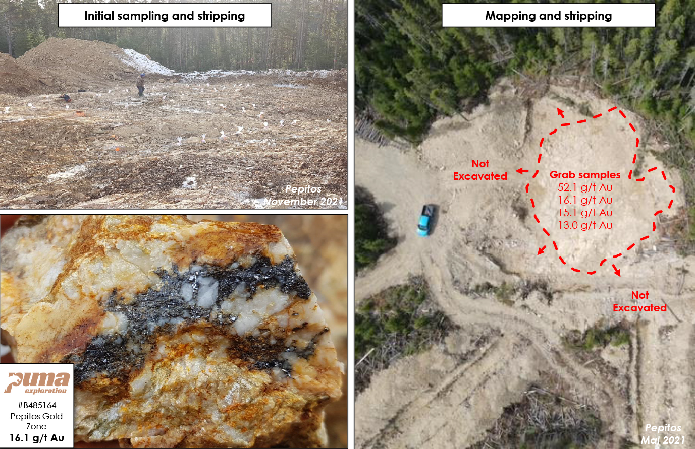 Figure 3: Arial Drone View (60m height) from the Pepitos Gold Zone with Surface Sampling Program