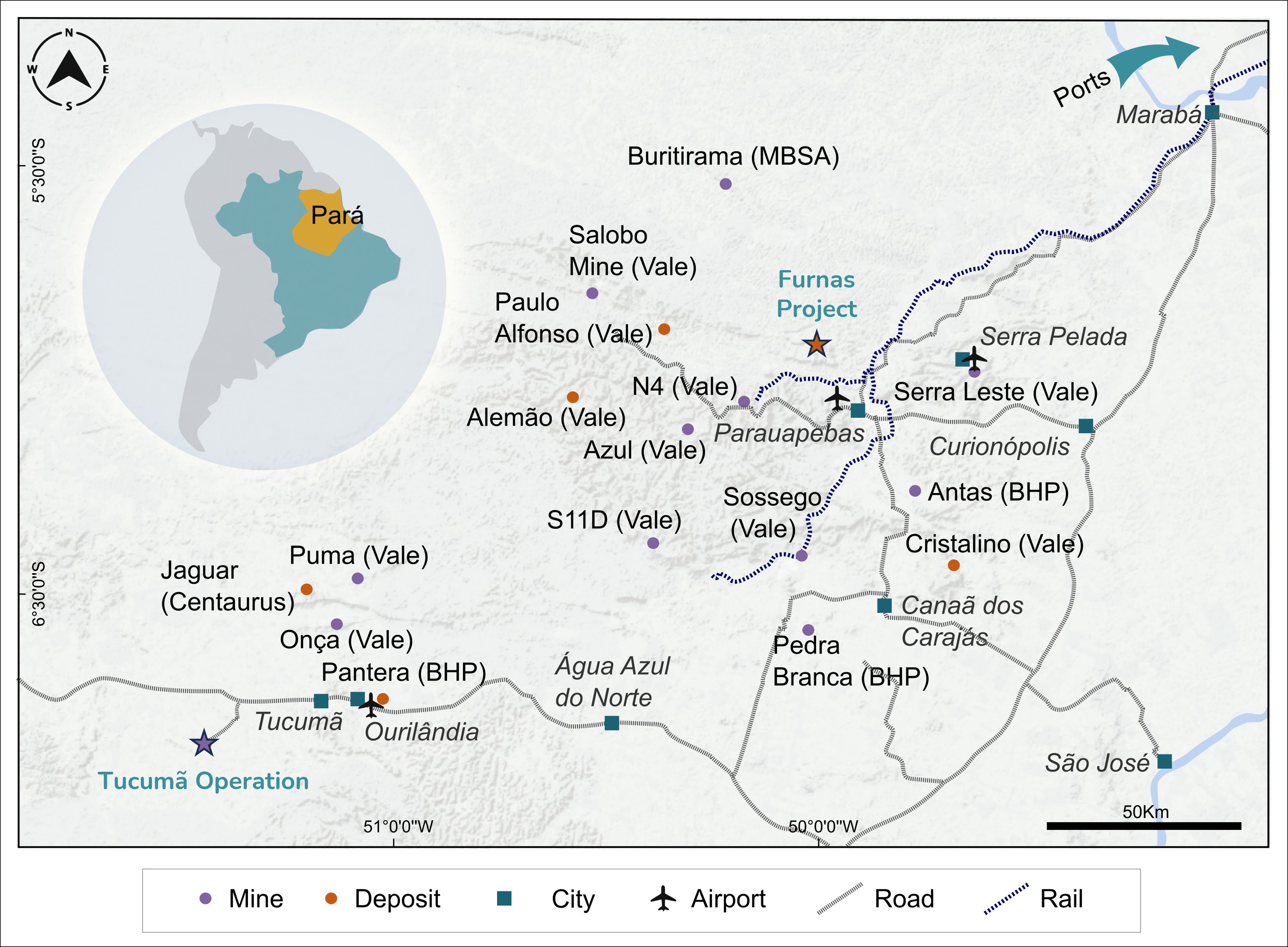 Map of the Carajás Mineral Province, highlighting the location of Furnas in close proximity to extensive regional infrastructure.