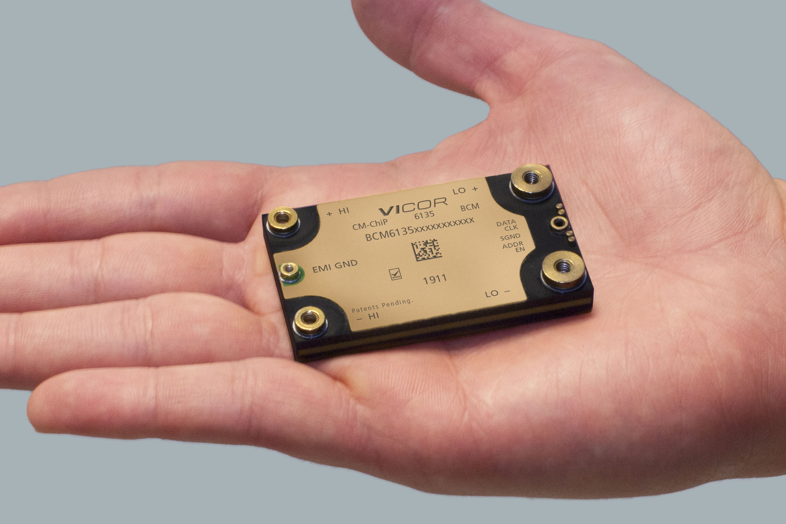 Reduced size and weight of the power delivery network are essential factors for the next generation of xEV platforms. Vicor products are the most power-dense products available for EVs.  For example, 2.5kW of power from the Vicor BCM6135 can be held in the palm of your hand.