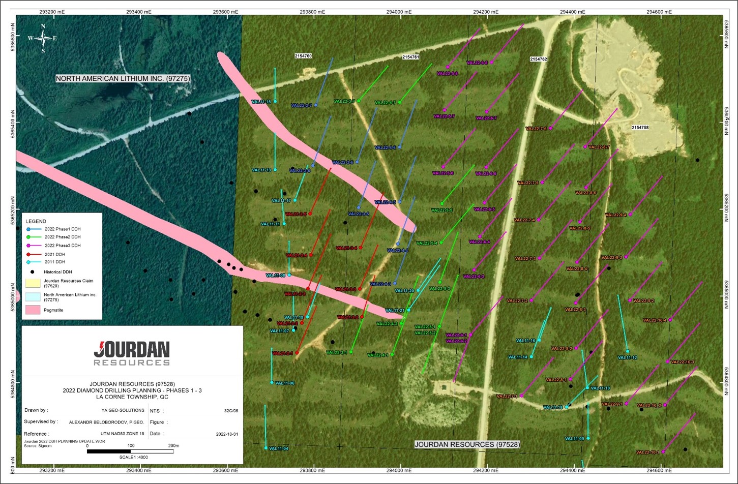 The Vallée property is immediately east of the North American Lithium mine. This figure depicts the 2011, 2021 and 2022 completed drillholes with a total of 58 drillholes since 2021.